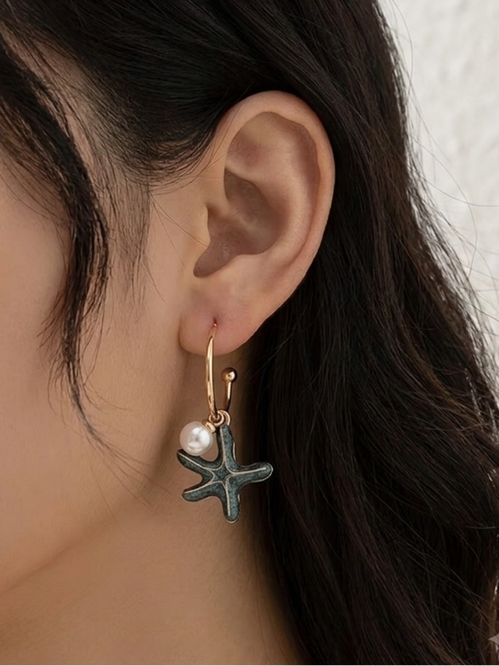 Gold Hoop Earrings with Green Enamel Shell & Starfish Charms and White Pearls